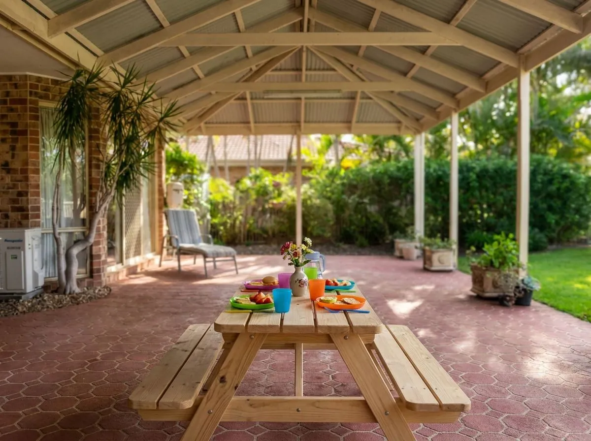 The long outdoor table under the patio where we share morning tea